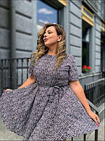 Современное летнее женское платье по колено цветочный принт платье свободное с поясом хорошее качество Черный, 48-52