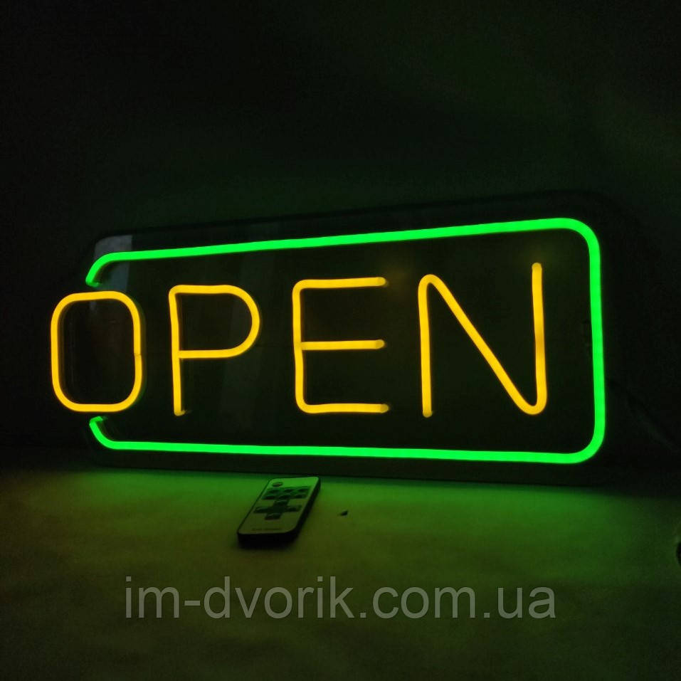 Неонова Led вивіска OPEN (відкрито) з жовтими буквами 485 х 200 мм з пультом