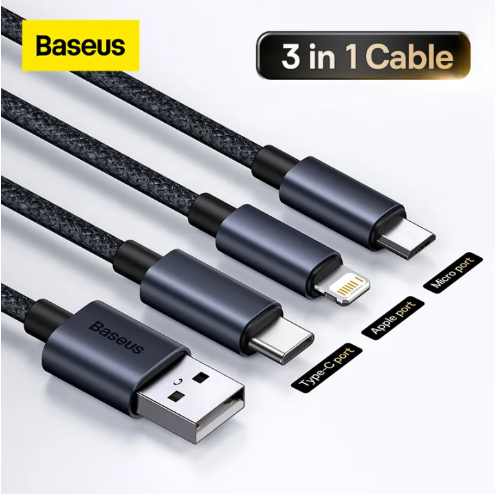 Кабель зарядный Baseus 3-in-1 MicroUSB/Lightning/Type-C Black 1.2 м (CAJY010601)