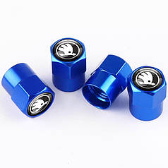 Ковпачки на ніпель із лого Skoda Short Blue Шкода, 4 шт.