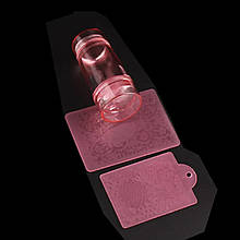 Двосторонній штамп (6.5 см) для стемпінгу з двома скраперами (пластинами) для створення дизайну на нігтях. Рожевий  - CT:N10