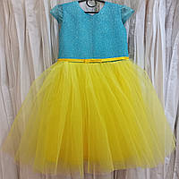 Блестящее желто-голубое нарядное детское платье Украина с коротким рукавчиком на 4-6 лет