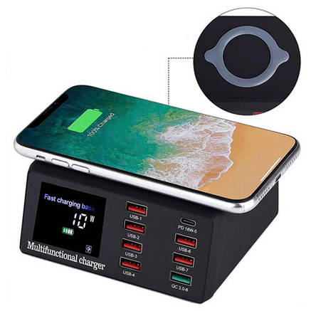 Мережева зарядна станція 8x USB і бездротова зарядка, PD QC3.0 LED, WLX-X9, фото 3