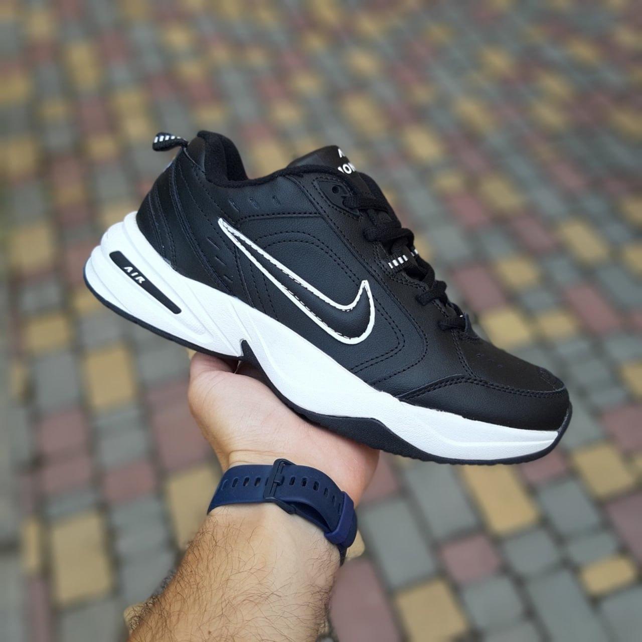 Кросівки чоловічі Nike Air Monarch зимові термо-чорні на білій підошві низькі шкіра модні легкі найк монарх