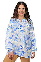 Жіноча стильна лляна блуза " Блакитні квіти", розміри S, M, L, XL, 2XL, 3XL