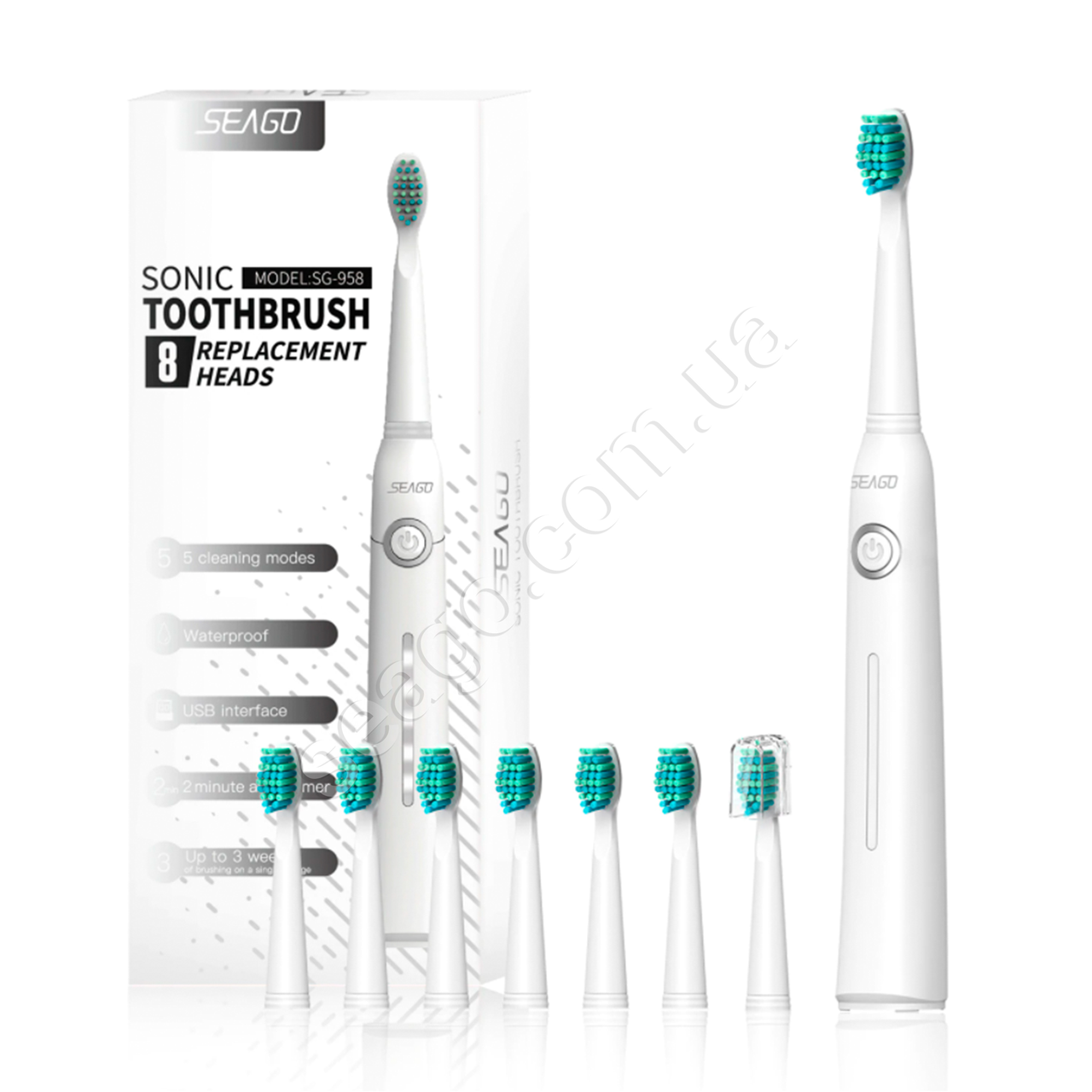 Звукова зубна щітка Seago SG-958 та 8 змінних насадок, White