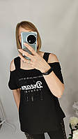 Черная турецкая футболка больших размеров, легкая женская трикотажная футболка с открытыми плечами