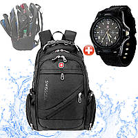 Чоловічий швейцарський Рюкзак міський чорний, з чохлом від дощу 35 л + кварцові годинники годинники Swiss Army