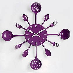 Настінний годинник на кухню Ложки-виделки "Toast" — вражаюча прикраса для кафе та кухні (Метал, 41 х 41 см) Фіолетовий