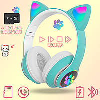 Навушники "Котячі вушка" бездротові з підсвічуванням RGB і MP3 плеєром Cute Headset Bluetooth,FM Green+Карта 32Gb