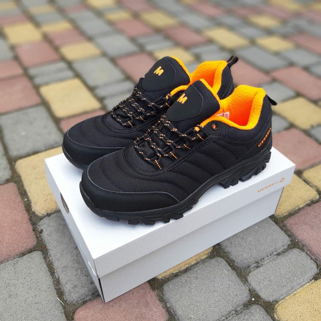 Кросівки чоловічі Merrell Vibram зимові на флісі чорні з жовтогарячим низькі водонепроникні теплі, фото 1