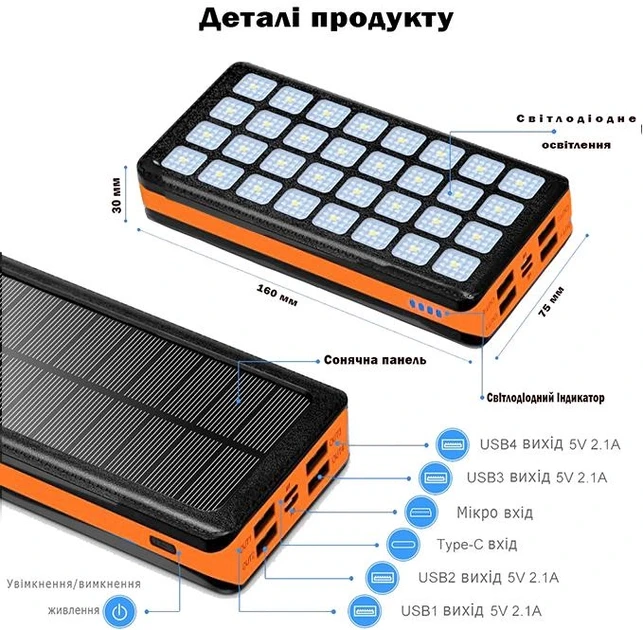 Водонепроникний Power Bank + Ліхтар із сонячною батареєю AMZ 30000 mAh помаранчевий 109-10826971