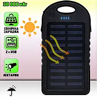 Power Bank повербанк Solar Charger 30000 mAh на солнечной батарее, влагозащита, LED фонарик Черный ICN