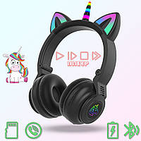 Наушники Кошачьи ушки/единорог беспроводные с мульти RGB,MP3плеер Cute Headset 27STN Bluetooth Black ICN