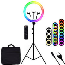 Кільцева світлодіодна лампа MJ-56 RGB (кольорова) на 80 Вт. (56 см) зі штативом, 3 тримачами, пультом та сумкою