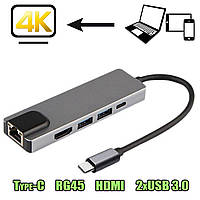 USB-хаб концентратор Xo 5в1 Type-C to RJ45+HDMI+2xUSB 3.0 металевий корпус