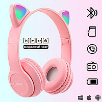 Бездротові Bluetooth-навушники з вушками CAT-ear CEP47-M з LED-підсвіткою і microSD, AUX, Pink
