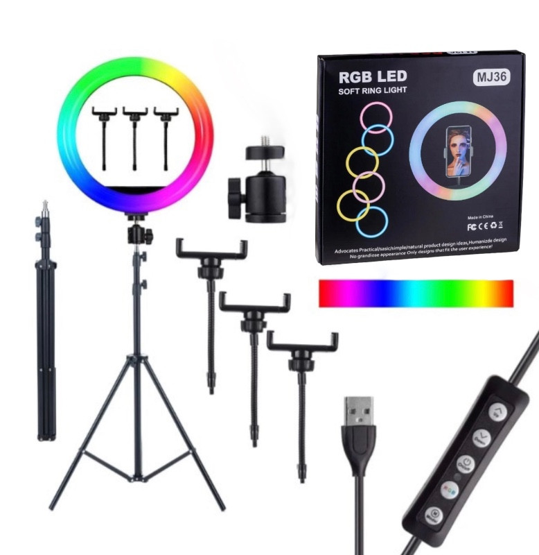 Кільцева світлодіодна лампа RGB MJ-36 на штативі, 36см, (1 тримач)