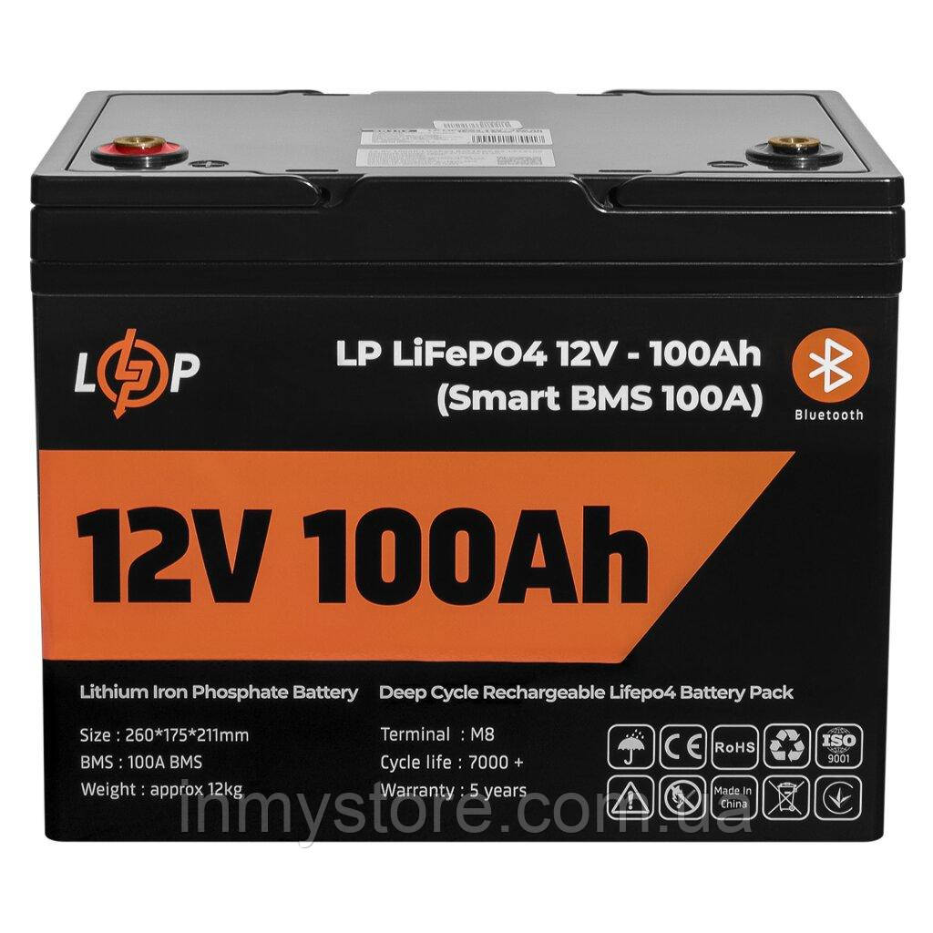 Аккумулятор LP LiFePO4 12V (12,8V) - 100 Ah (1280Wh) (Smart BMS 100А) с BT пластик для ИБП - фото 1 - id-p1804068648