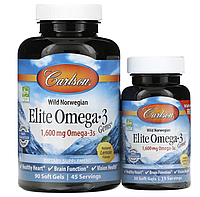 Carlson, Wild Caught, Elite Omega-3 Gems, омега-3 из дикой рыбы, натуральный вкус лимона, 800 мг, 90 капсул+30