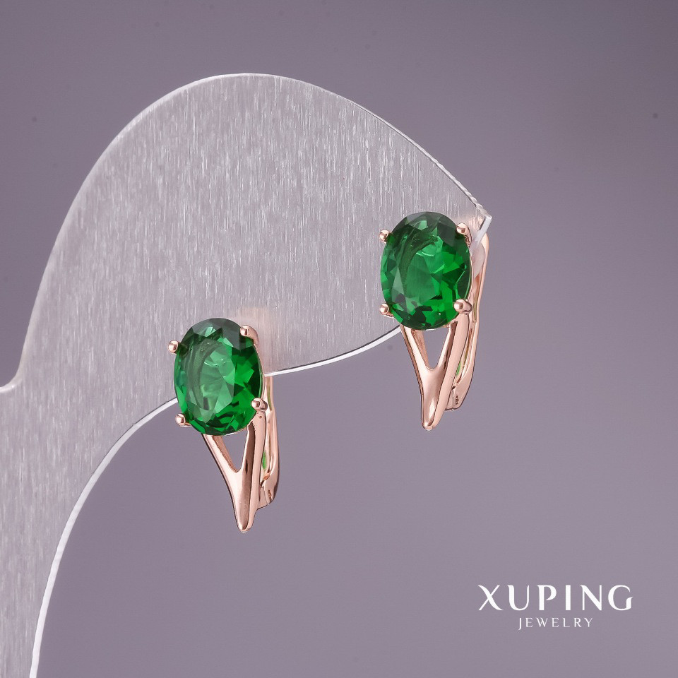 Сережки Xuping із зеленим камінням 16х7 мм позолота 18к