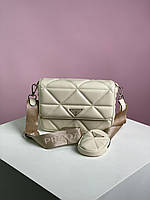 Женская подарочная сумка Prada Re-Nylon Padded Shoulder Cream (кремовая) KIS05024 маленькая на длинном ремне