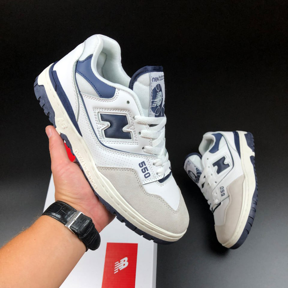 Чоловічі кросівки New Balance 550 шкіряні стильні повсякденні білі темно-сині