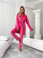 Женская велюровая пижама-тройка с халатом 54/56, Малиновый