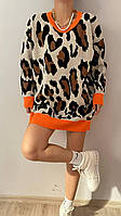 Женская леопардовая теплая туника-оверсайз с оранжевой окантовкой