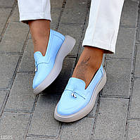 Классические голубые кожаные женские туфли лоферы натуральная кожа 38-24,5