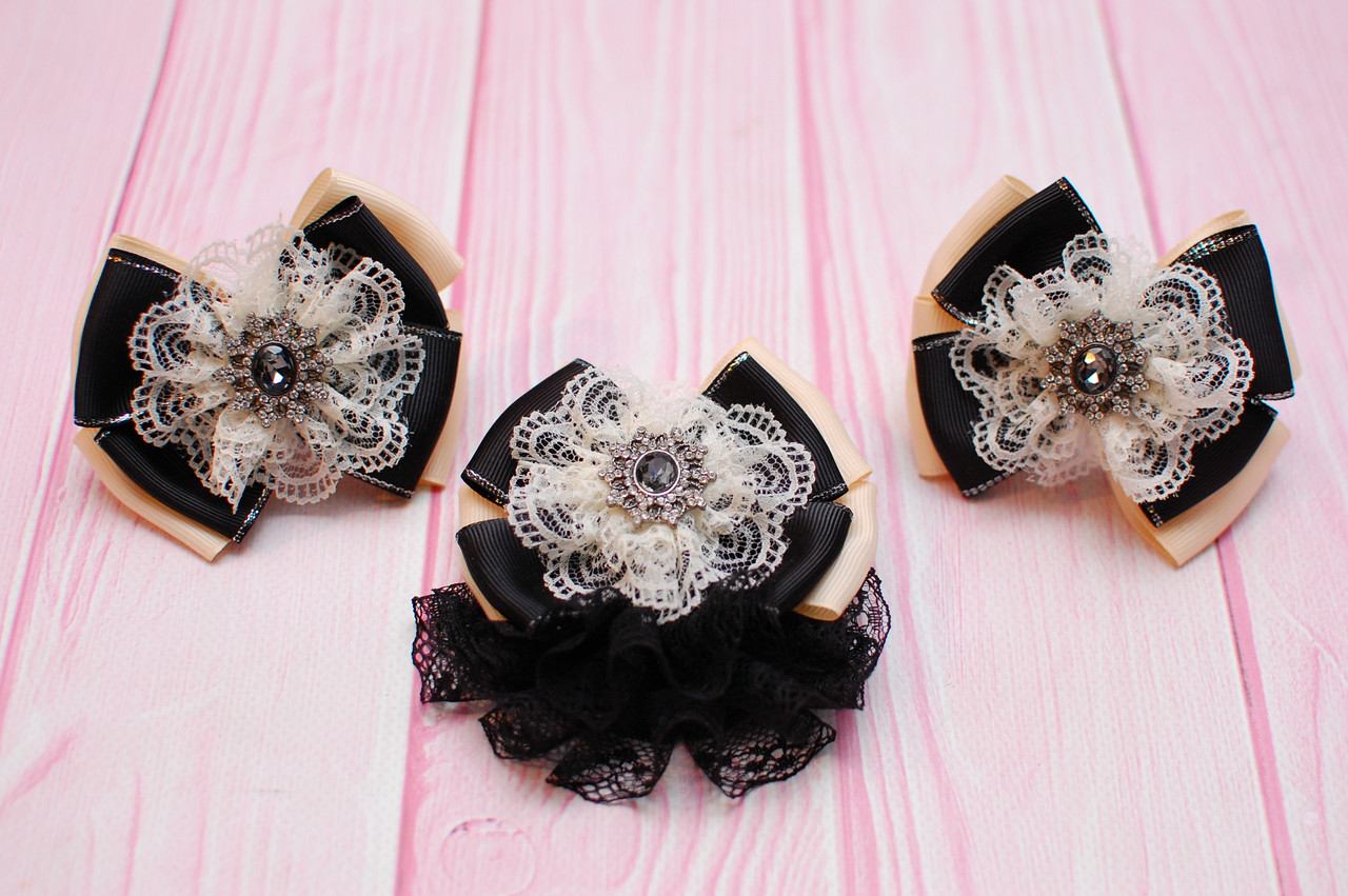 Набір банти на резинці і дитяча краватка - брошка бежево чорний 454  об, фото 1