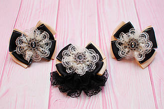 Набір банти на резинці і дитяча краватка - брошка бежево чорний 454  об