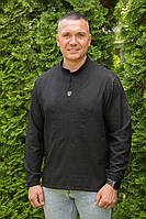 Черная льняная мужская вышиванка с черной вышивкой и трезубом, сорочка вышиванка с длинным рукавом, размер 3XL