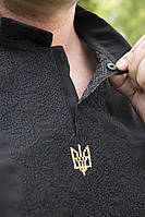 Черная льняная мужская вышиванка с тризубом. Рубашка-вышиванка на короткий рукав. Размер М