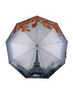 Зонт женский полуавтомат TheBest 544 на 9 спиц с Эйфелевой башней и листьями Серо-оранжевый