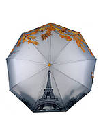 Зонт женский полуавтомат TheBest 544 на 9 спиц с Эйфелевой башней и листьями Серо-желтый