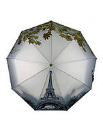 Зонт женский полуавтомат TheBest 544 на 9 спиц с Эйфелевой башней и листьями Серо-зеленый