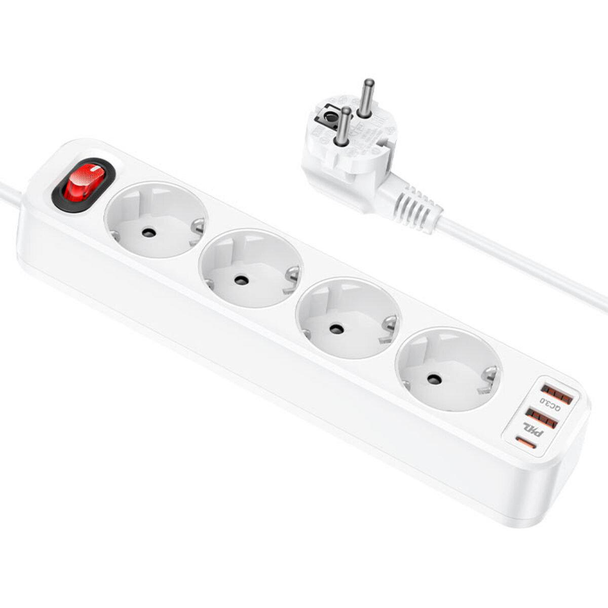 Мережевий зарядний пристрій HOCO NS1 Aura 4-bit extension cable socket(including 1C2A PD20W fast charge) White