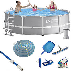 Круглий каркасний басейн Intex 26716 для дачі в комплекті аксесуари для прибирання басейну, фільтр, сходи