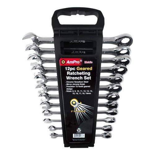 Набір ключів комбінованих з трещеткой (8-19 мм) 12 предметів AmPro T41487 (Тайвань), фото 1