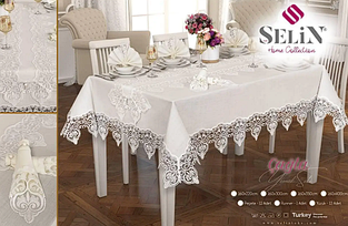 Скатертина на прямокутний стіл 160 220 лен з ранером, скатертина на стіл із серветками 12 натуральна Кремовий