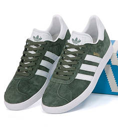 Чоловічі кросівки Adidas Gazelle осінь весна повсякденні зелені з білим. Живе фото