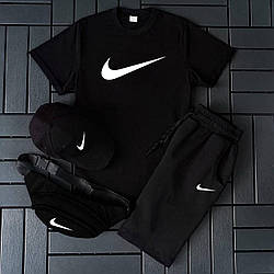 Чоловічий спортивний костюм Найк / демісезонний чорний комплект Nike 4в1 шорти футболка кепка бананка