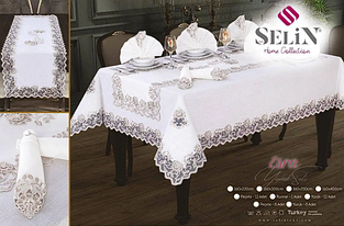 Скатертина на прямокутний стіл 160 220 лен з ранером, скатертина на стіл із серветками 12 натуральна Кремовий