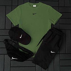 Чоловічий спортивний костюм Найк / демісезонний комплект Nike 4в1 чорні шорти хакі футболка кепка бананка