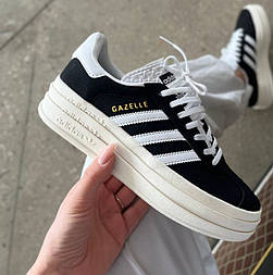 Жіночі кеди Adidas gazelle Platform кросівки  на платформі замшеві весна-осінь демісезонні (чорні з білим). Живе фото