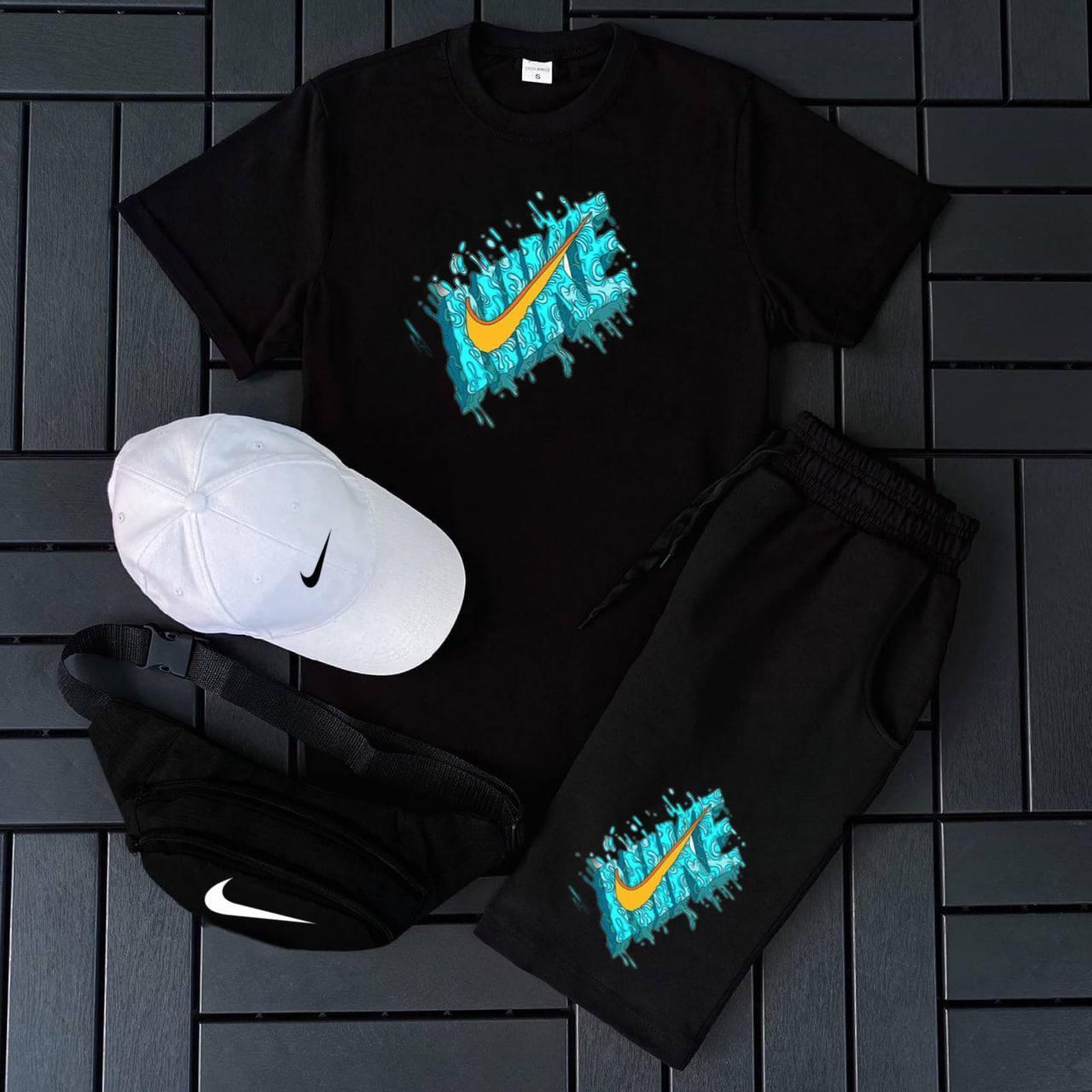 Чоловічий спортивний костюм Найк / демісезонний чорний комплект Nike 4в1 чорні шорти футболка біла кепка бананка
