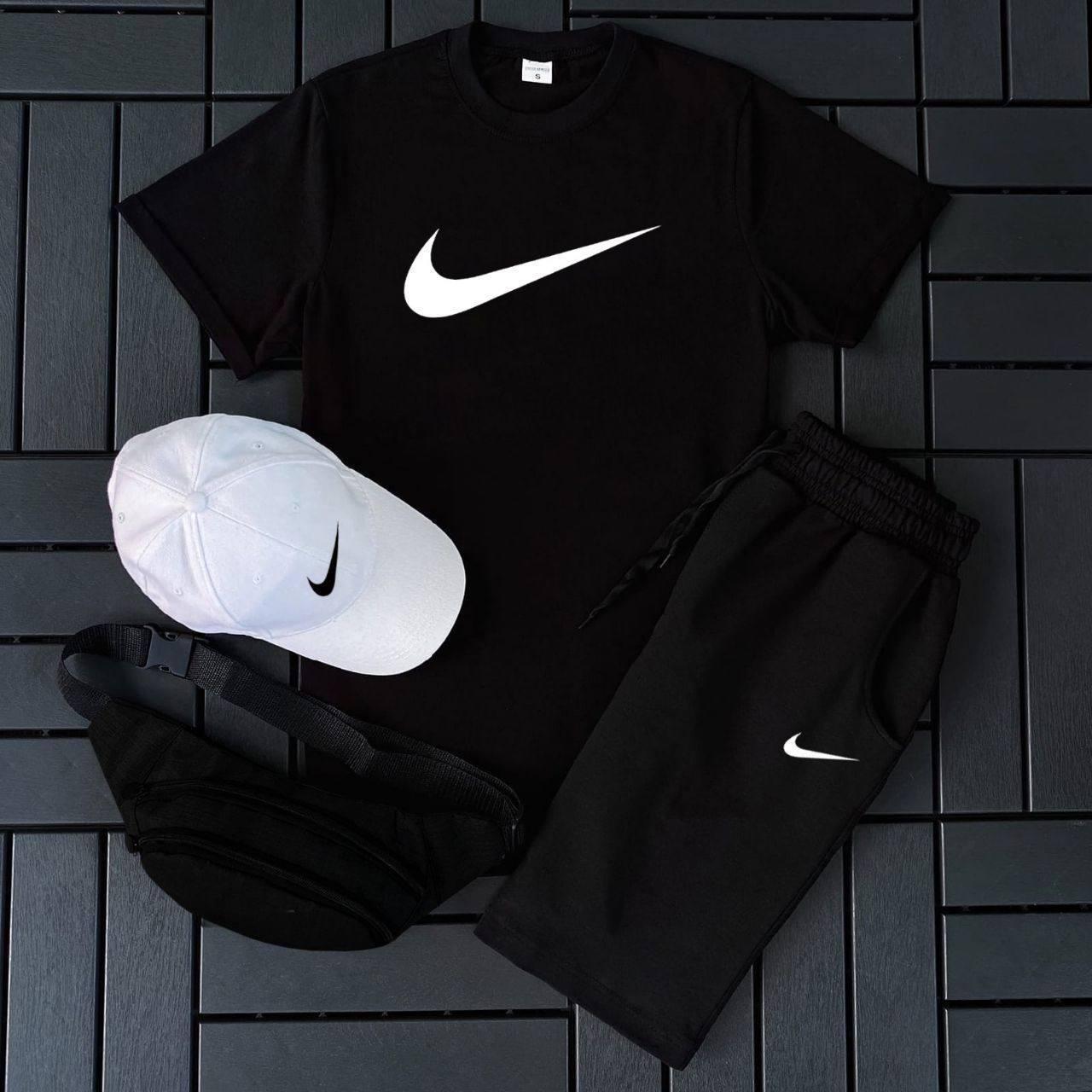 Чоловічий спортивний костюм Найк / демісезонний чорний комплект Nike 4в1 шорти футболка біла кепка бананка
