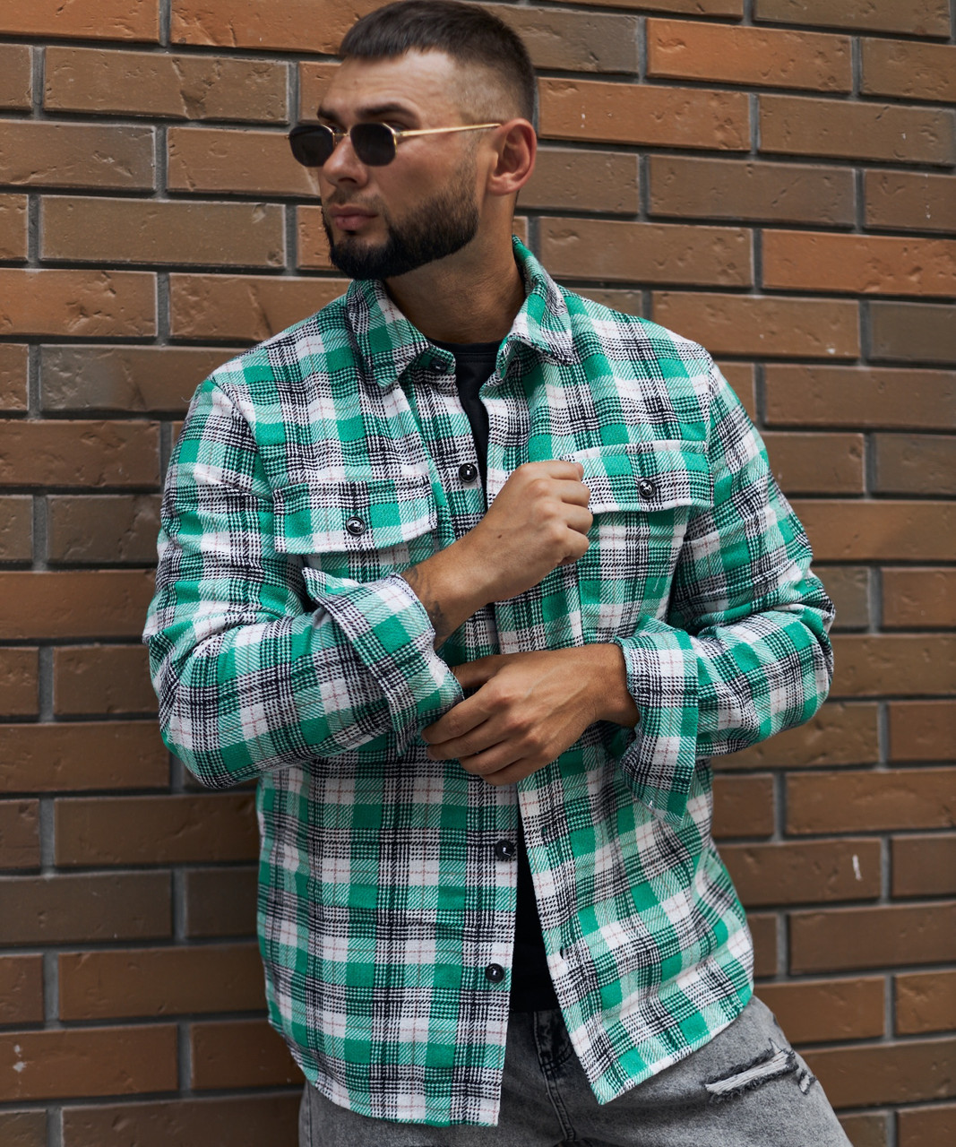 Чоловіча сорочка байкова в клітку тепла модна зелена. Живе фото, фото 1