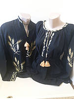 Жіноча сорочка вишиванка льон чорна з поясом Для пари Family Look р.42 - 60